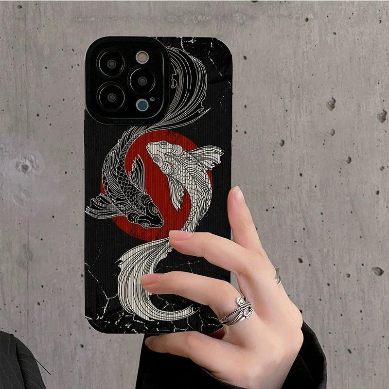 Vazico Black and White Cute Carp Oil Painting Phone Case for iPhone 15, 14, 13, 12, 11 Pro Max, Mini.