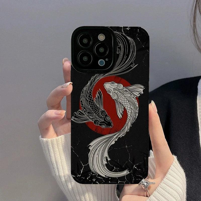 Vazico Black and White Cute Carp Oil Painting Phone Case for iPhone 15, 14, 13, 12, 11 Pro Max, Mini.