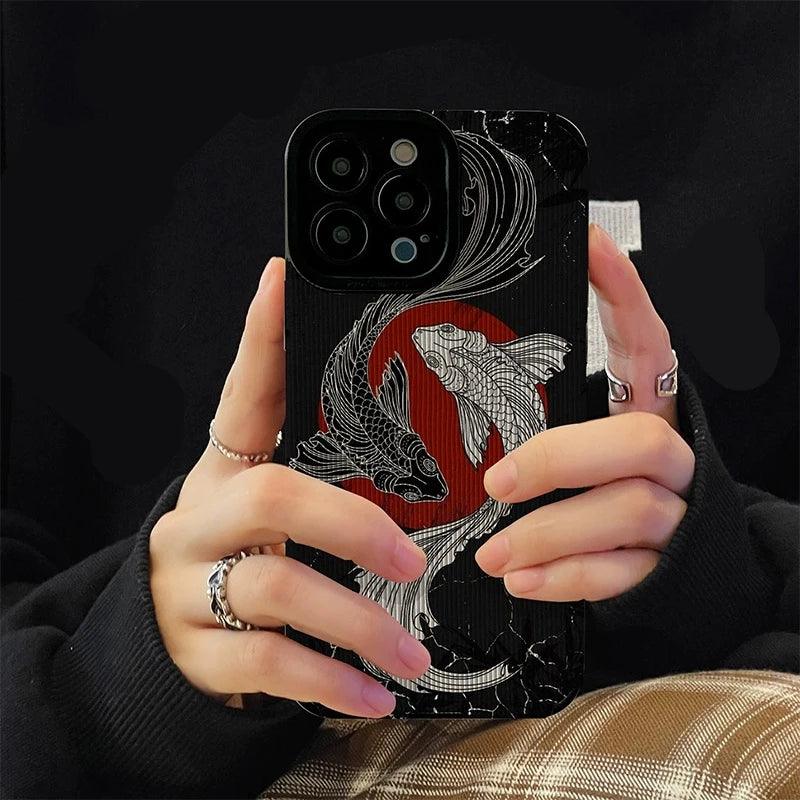 Vazico Black and White Cute Carp Oil Painting Phone Case for iPhone 15, 14, 13, 12, 11 Pro Max, Mini.